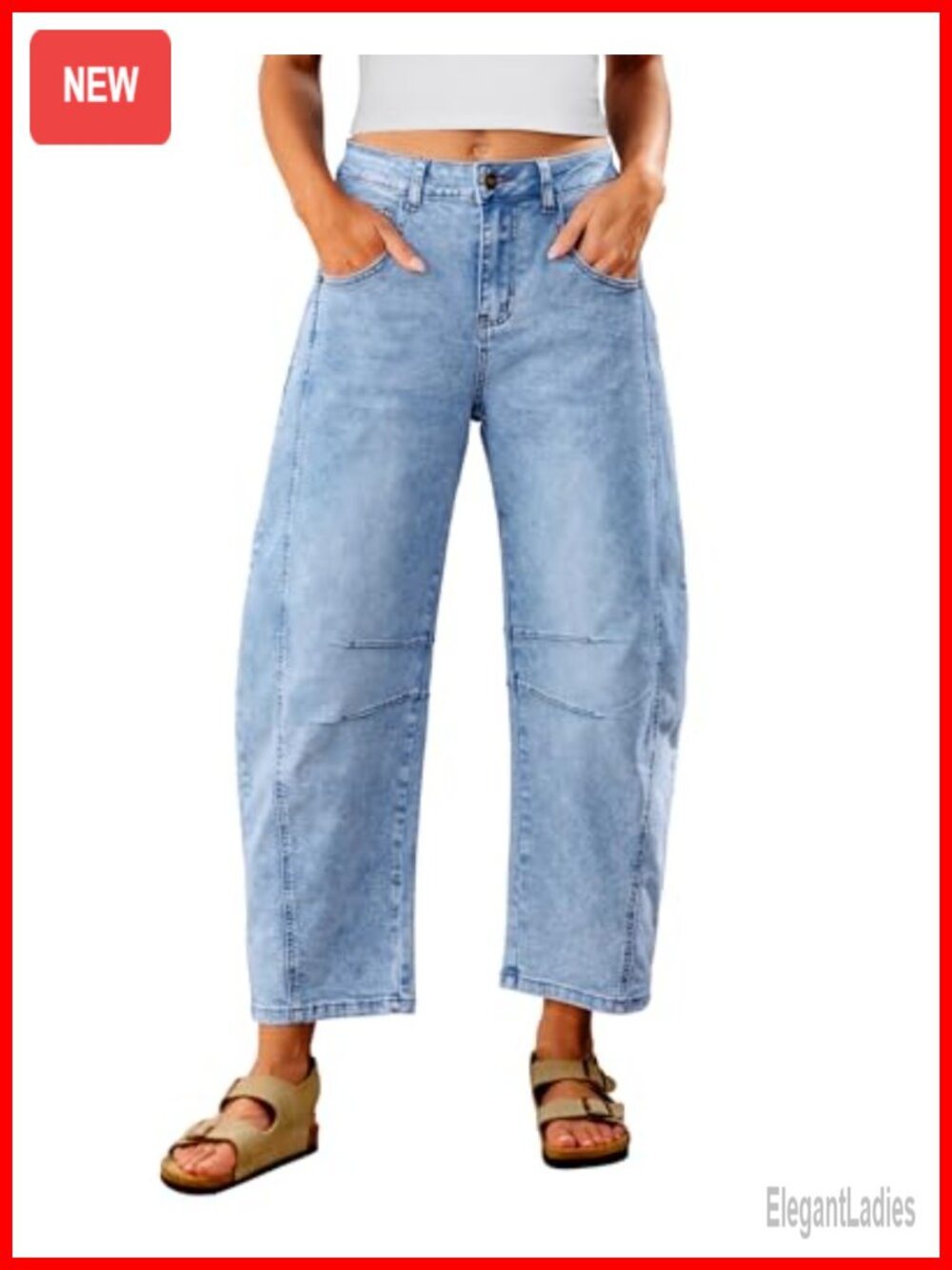 Women's Cropped Barrel Jeans High Waisted Distressed Stretch Denim Trouser